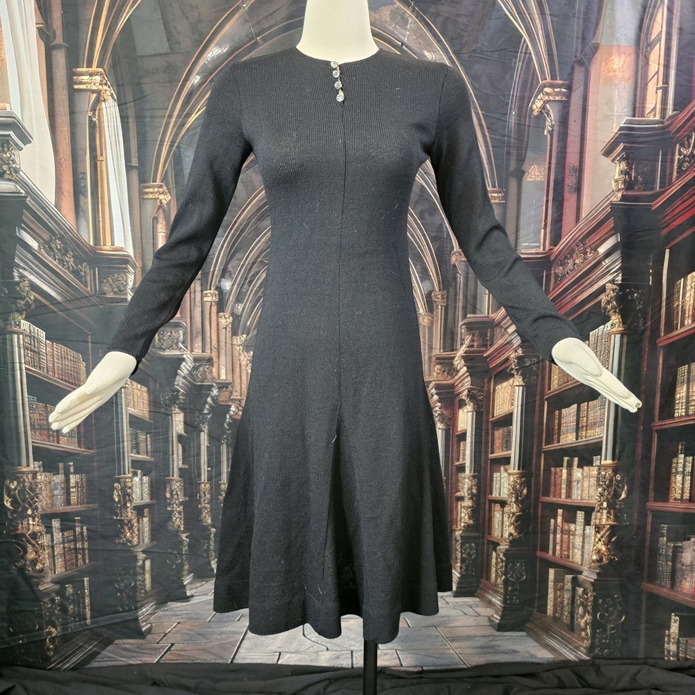 Vintage 1970s Black Dress Glass Buttons Midi Length The Knit Group